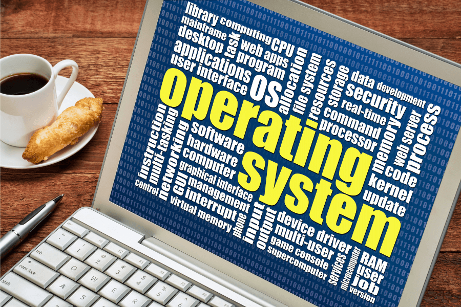 a laptop screen with the words 'operating system in block yellow capitals