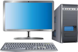PC set up including a PC monitor with blue screen, keyboard and PC unit with a white background